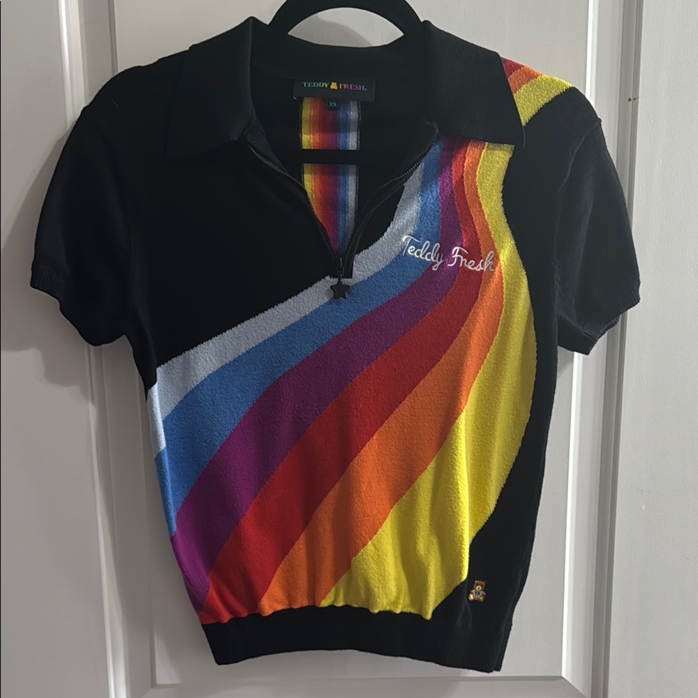 Teddy Fresh Black zip sweater with Rainbow Stripes